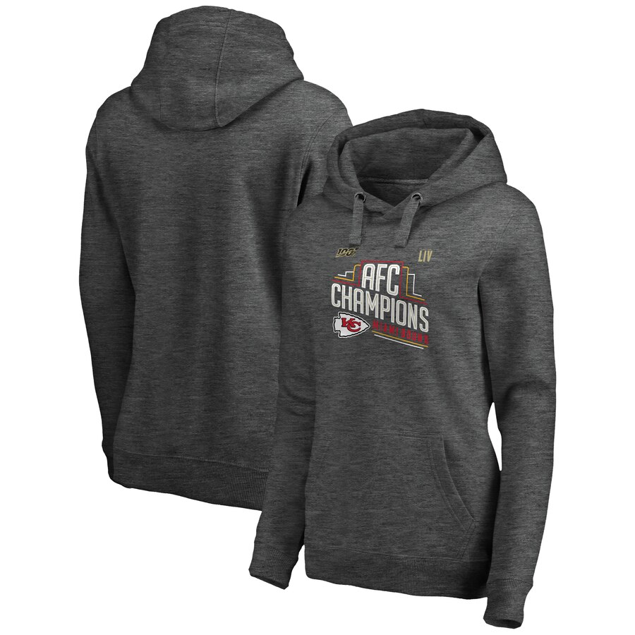 Kansas City Chiefs NFL Pro Line by Fanatics Branded Women 2019 AFC Champions Trophy Collection Locker Room Crossover VNeck Pullover Hoodie Heather Charcoal->women nfl jersey->Women Jersey